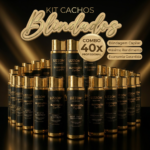 Os frascos com o rótulo Blindagem Capilar estão dispostos em fileiras. O texto acima diz Kit Cachos Blindados (homecare) 40 unidades e destaca uma oferta combinada profissional com vários benefícios listados.