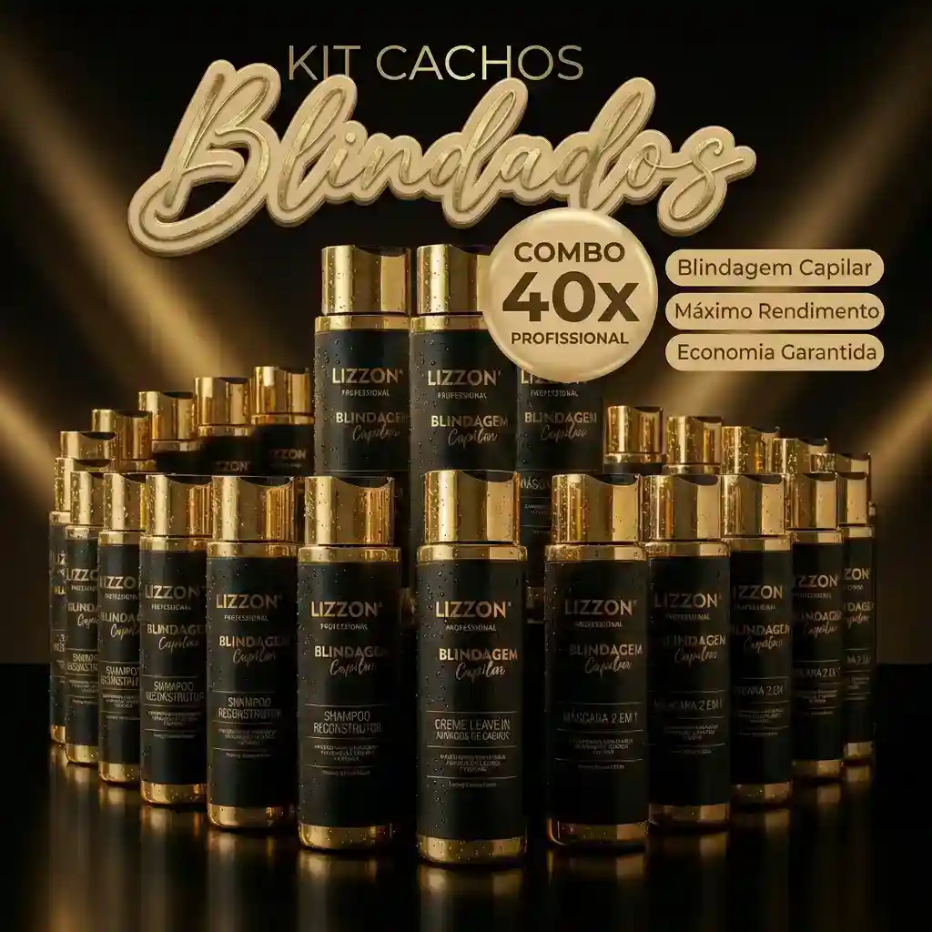 Os frascos com o rótulo Blindagem Capilar estão dispostos em fileiras. O texto acima diz Kit Cachos Blindados (homecare) 40 unidades e destaca uma oferta combinada profissional com vários benefícios listados.