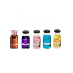 Cinco frascos de cores diferentes do tratamento capilar Kit Power Dose Cronograma Blindado estão dispostos em uma fileira sobre um fundo branco, com um logotipo fraco do TRATAMENTO EXPRESS acima deles para destacar essa promoção exclusiva.