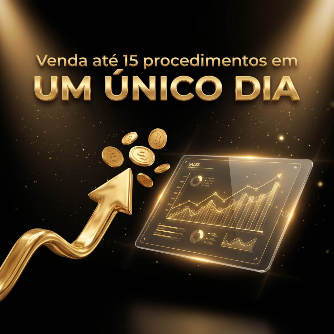 Uma flecha dourada e moedas destacam um tablet digital que exibe gráficos de vendas, com um texto em português acima que diz: “Como Vender 15 Procedimentos em um Dia”. O fundo é preto, com detalhes dourados e efeitos cintilantes.