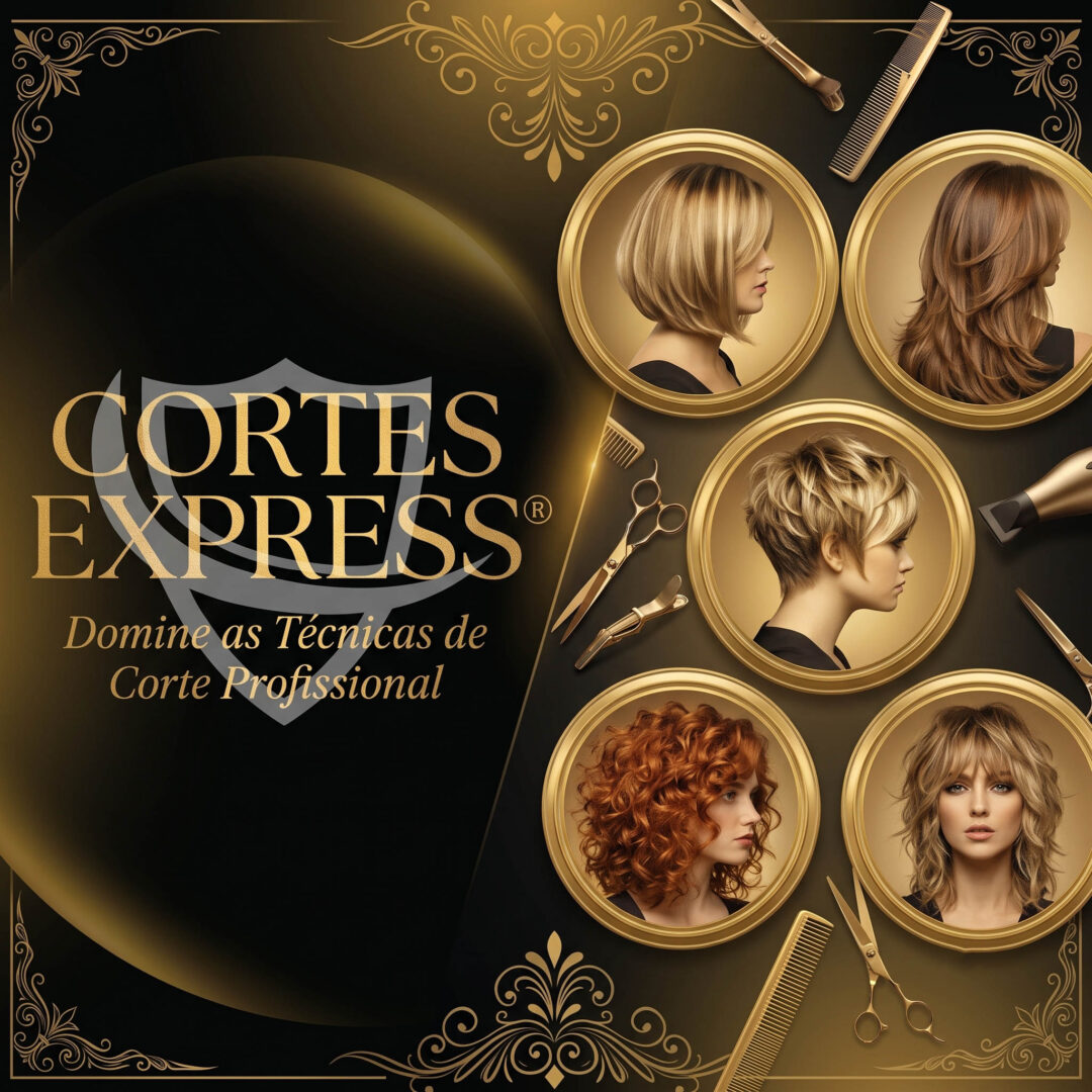 Cinco penteados femininos diferentes, cada um com uma cor e um corte exclusivos, são exibidos em círculos com molduras douradas. Ao redor das imagens, há tesouras, pentes e um secador de cabelo. O texto destaca: Cortes Express domina as tendências de cortes.