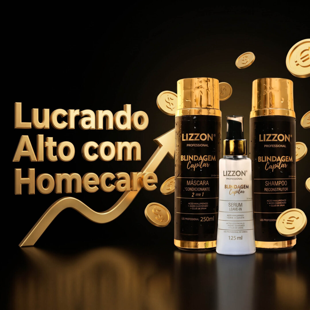 Três produtos da linha “Lucrando alto com homecare” estão expostos sobre uma superfície preta com detalhes dourados. À esquerda, o texto diz “Lucrando Alto com Homecare”. O fundo exibe moedas de ouro e uma seta apontando para cima.