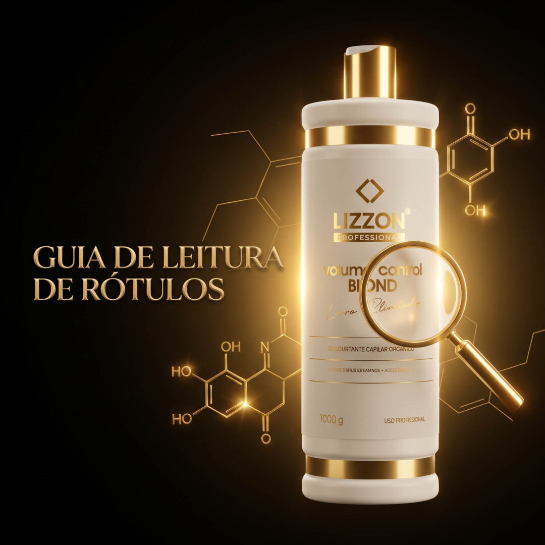 Um frasco branco e dourado com o rótulo “Guia de leitura de rótulos de cosméticos” está em pé, rodeado por ilustrações de estruturas químicas e uma lupa. À esquerda, aparece o texto “Guia de leitura de rótulos”.
