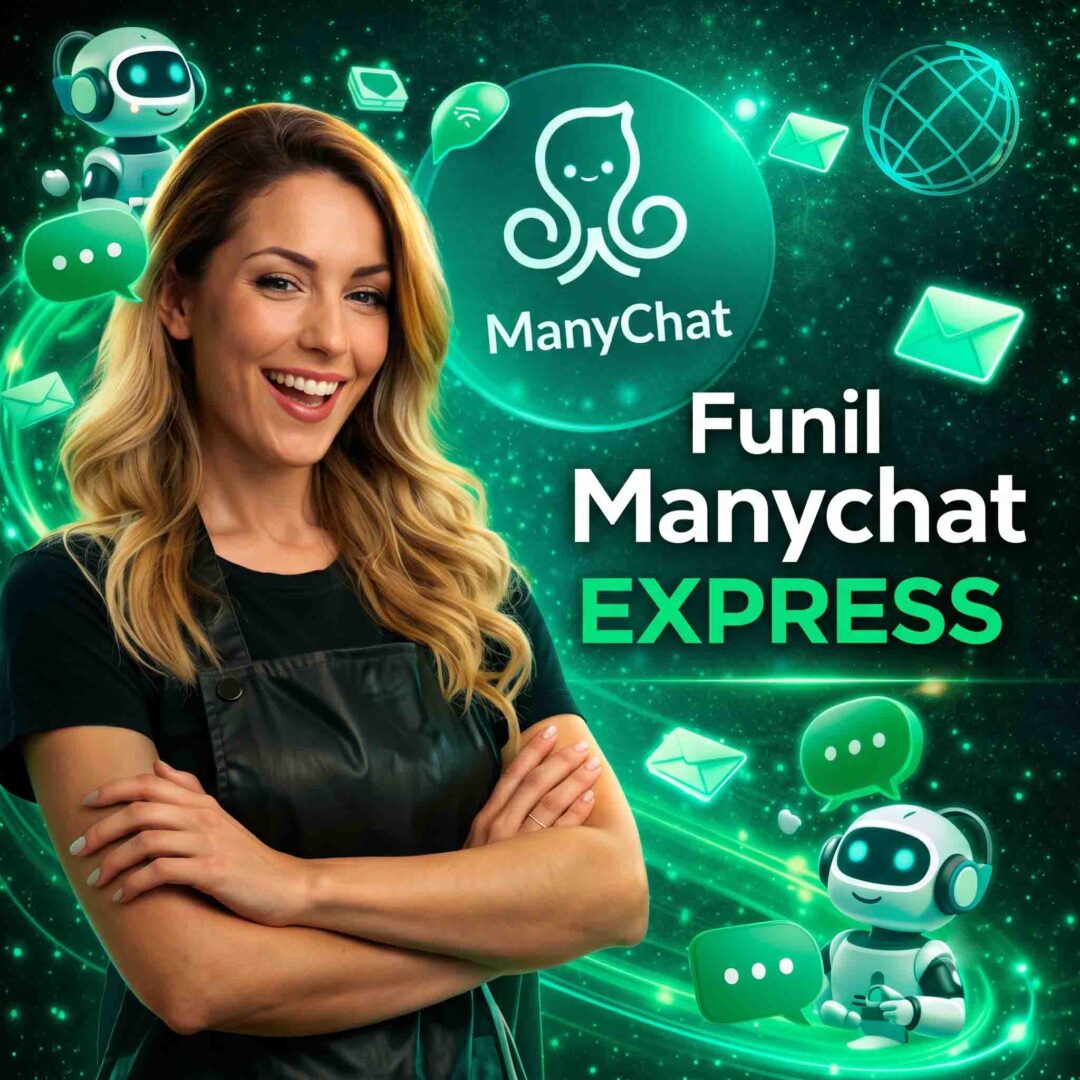 Uma mulher com os braços cruzados sorri diante de um fundo digital com ícones de bate-papo, robôs e o logotipo do ManyChat. O texto diz: Funil do ManyChat para atendimento ao salão e agendamento.