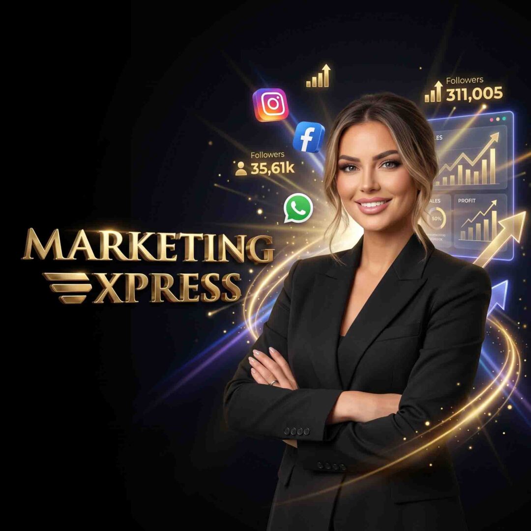 Uma mulher vestindo um blazer preto está de pé, com os braços cruzados, em frente a elementos gráficos de marketing digital, incluindo números de seguidores, gráficos e ícones de redes sociais. O texto “Marketing Express: domine o marketing para salões” aparece em destaque.