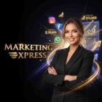 Uma mulher vestindo um blazer preto está de pé, com os braços cruzados, em frente a elementos gráficos de marketing digital, incluindo números de seguidores, gráficos e ícones de redes sociais. O texto “Marketing Express: domine o marketing para salões” aparece em destaque.