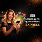 Uma mulher de avental sorri enquanto usa o celular. Ícones de redes sociais aparecem ao redor dela. O texto diz: “Mensagens que vendem Express”, em um fundo escuro com efeitos luminosos.