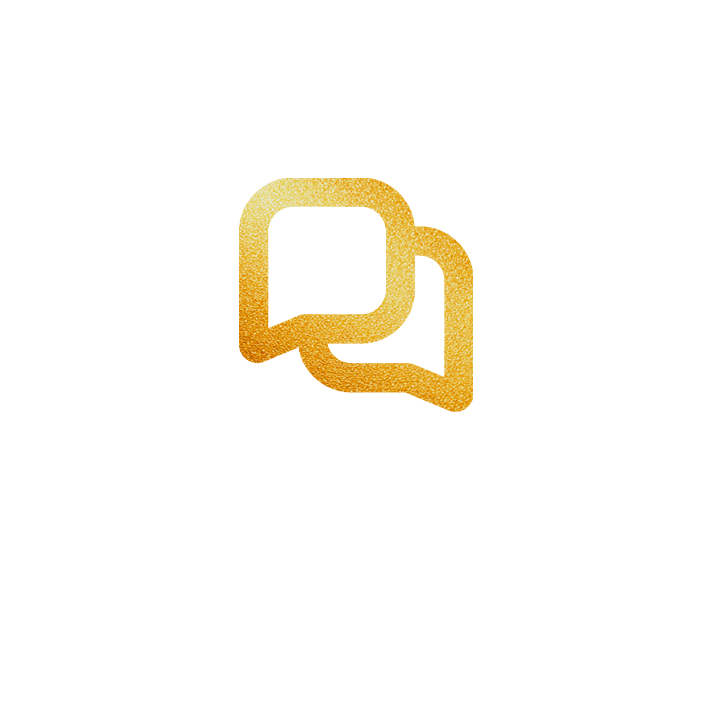 Dois ícones de balão de fala dourados se sobrepõem acima do texto em português branco 