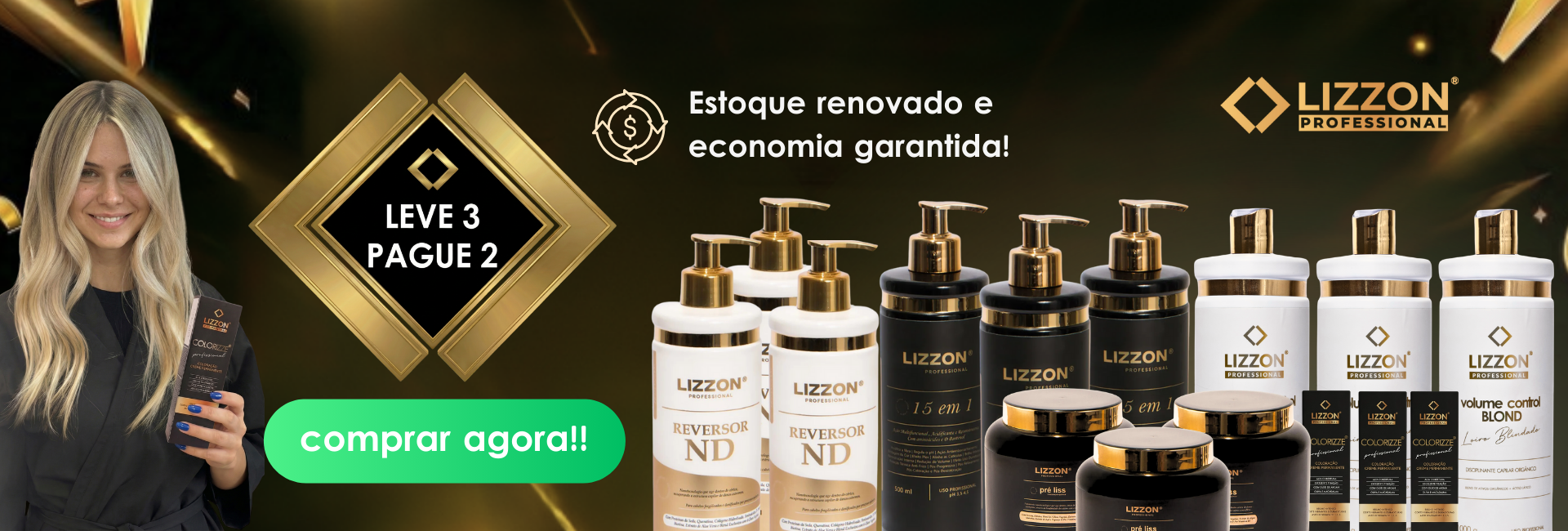 Banner promocional dos produtos para cabelo da Lizzon Professional. Uma mulher sorridente segura um produto à esquerda, com vários frascos de xampu e condicionador à direita. O texto destaca 
