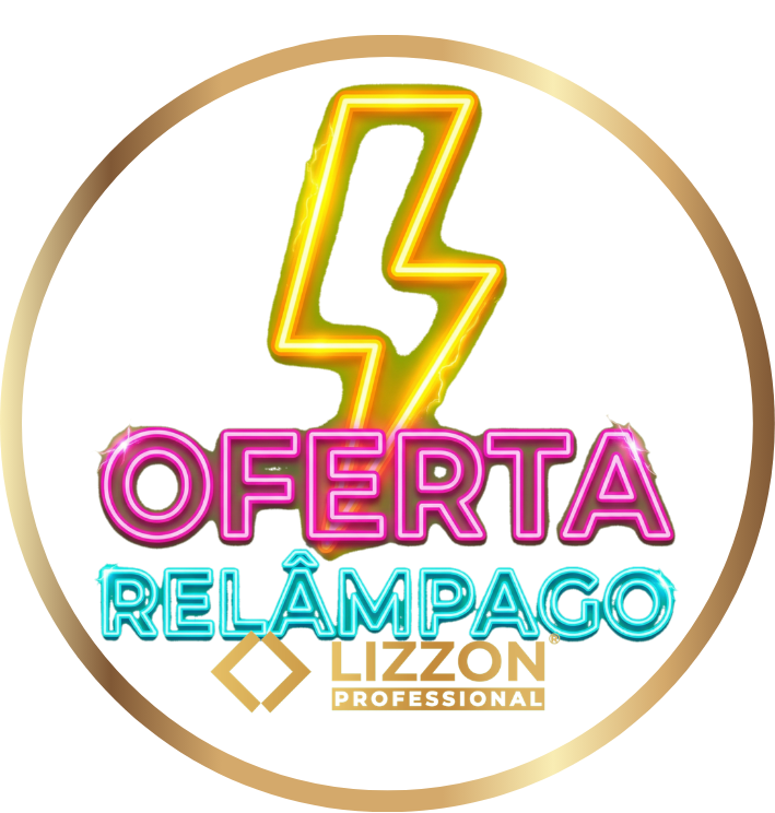 Um emblema circular com uma borda dourada apresenta um raio amarelo acima das palavras OFERTA RELÂMPAGO em cores neon, com LIZZON PROFESSIONAL e o logotipo da Lizzon em texto dourado e branco na parte inferior.