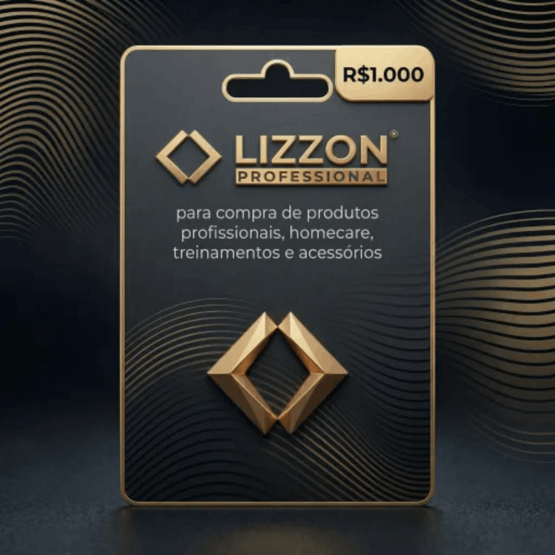 Um cartão-presente Lizzon no valor de R$ 5.000,00 é exibido em um fundo escuro com padrões de ondas douradas e indica a validade para produtos profissionais, homecare, treinamento e acessórios.