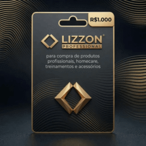 Um cartão-presente Lizzon no valor de R$ 5.000,00 é exibido em um fundo escuro com padrões de ondas douradas e indica a validade para produtos profissionais, homecare, treinamento e acessórios.