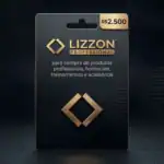 Um cartão-presente Lizzon de R$ 5.000,00 está em pé sobre um fundo escuro, exibindo um texto que destaca seu uso para a compra de produtos profissionais, cuidados domiciliares, treinamento e acessórios.