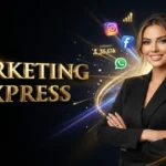 Uma mulher em um terno preto está de braços cruzados ao lado das palavras Marketing Xpress. Ícones de mídia social, contagens de seguidores e gráficos de vendas aparecem ao redor dela em um fundo escuro.