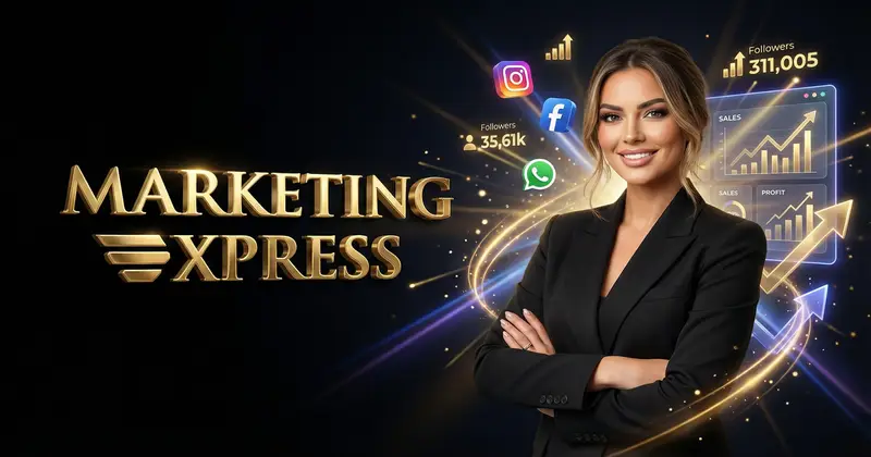 Uma mulher em um terno preto está de braços cruzados ao lado das palavras Marketing Xpress. Ícones de mídia social, contagens de seguidores e gráficos de vendas aparecem ao redor dela em um fundo escuro.