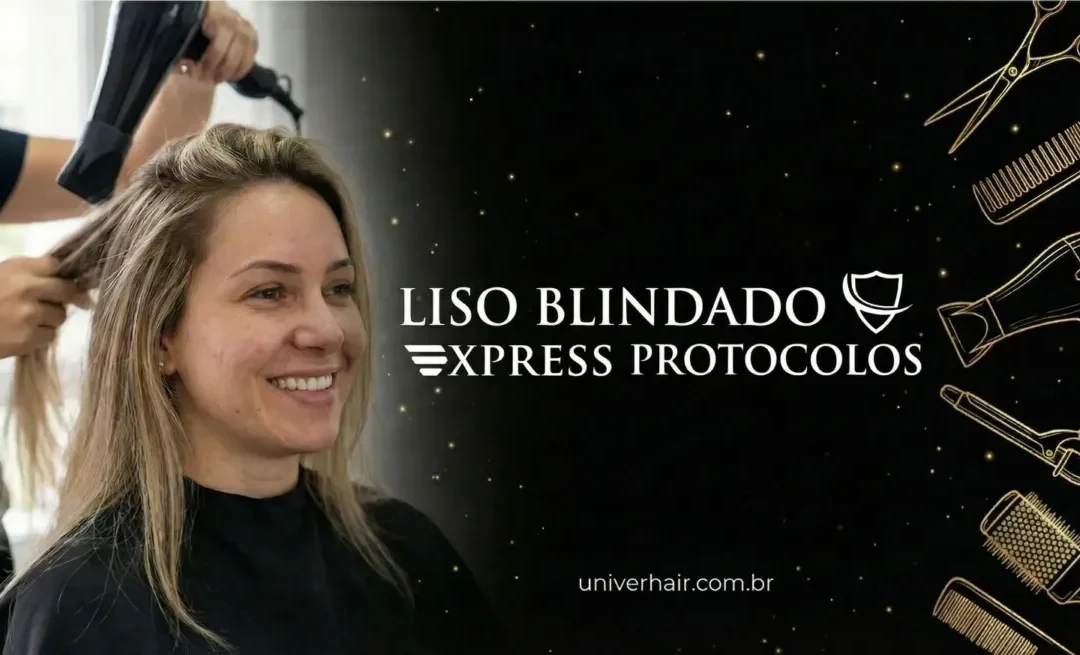 Uma mulher de cabelos loiros sorri enquanto tem seus cabelos secados em um salão de beleza. O texto "Liso Blindado Express Protocolos" aparece em um fundo preto com ilustrações de ferramentas de modelagem de cabelo.