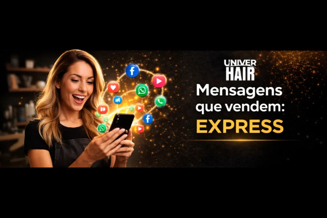 Uma mulher sorri enquanto olha para seu telefone, com ícones de mídia social ao seu redor. O texto diz: UNIVER HAIR Mensagens que vendem: EXPRESS em um fundo preto.