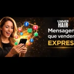 Uma mulher sorri enquanto olha para seu telefone, com ícones de mídia social ao seu redor. O texto diz: UNIVER HAIR Mensagens que vendem: EXPRESS em um fundo preto.