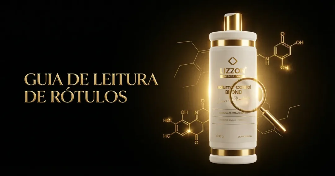 Um frasco dourado e branco com o rótulo Lizz Profissional é mostrado na vertical com uma lupa sobre ele. O fundo é preto com estruturas químicas douradas e o texto GUIA DE LEITURA DE RÓTULOS à esquerda.