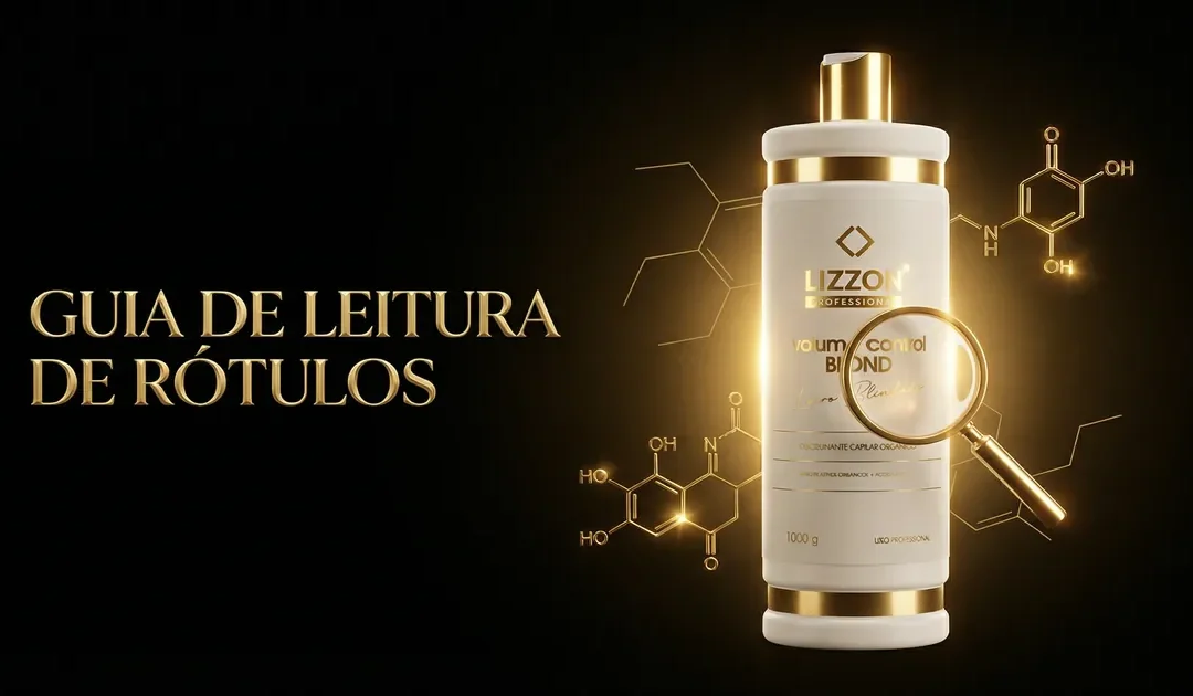 Um frasco dourado e branco com o rótulo Lizz Profissional é mostrado na vertical com uma lupa sobre ele. O fundo é preto com estruturas químicas douradas e o texto GUIA DE LEITURA DE RÓTULOS à esquerda.