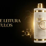 Um frasco dourado e branco com o rótulo Lizz Profissional é mostrado na vertical com uma lupa sobre ele. O fundo é preto com estruturas químicas douradas e o texto GUIA DE LEITURA DE RÓTULOS à esquerda.