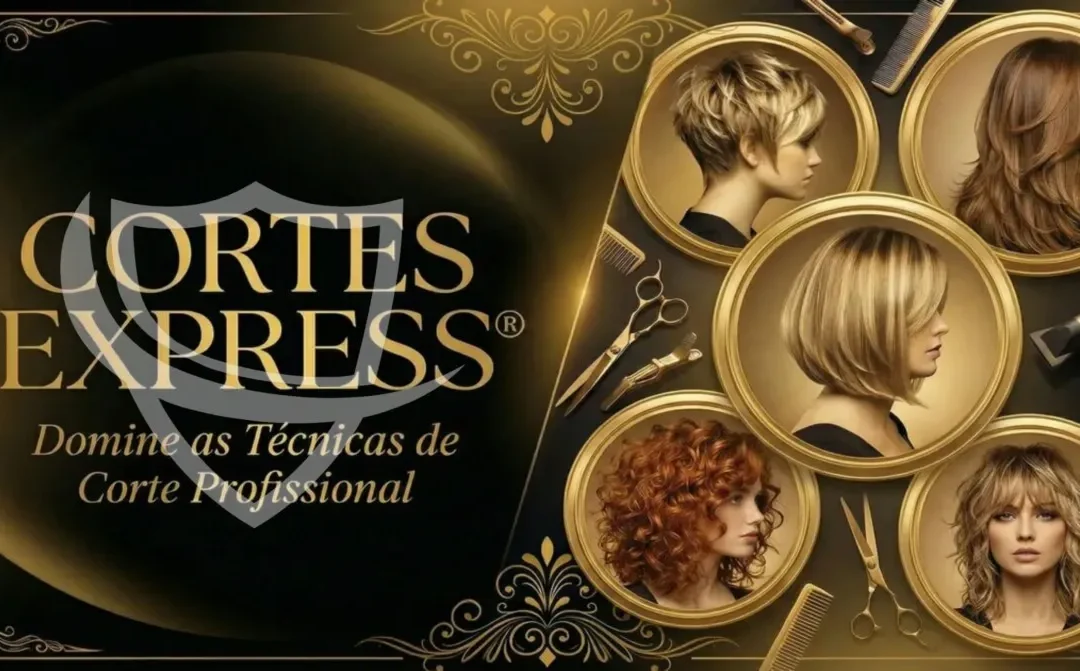 Um gráfico exibe cinco penteados femininos diferentes em molduras douradas com ferramentas de cabeleireiro ao redor. O texto diz: Cortes Express. Domine as Técnicas de Corte Profissional em um fundo preto e dourado.