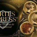 Um gráfico exibe cinco penteados femininos diferentes em molduras douradas com ferramentas de cabeleireiro ao redor. O texto diz: Cortes Express. Domine as Técnicas de Corte Profissional em um fundo preto e dourado.