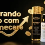 Os frascos dos produtos para cabelo Lizzon são exibidos ao lado de uma seta dourada para cima, moedas douradas e um texto grande que diz Lucrando Alto com Homecare em um fundo preto.