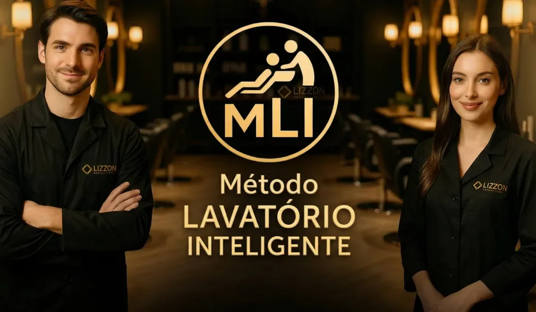 Duas pessoas com uniformes pretos estão em um salão elegante com iluminação dourada. Entre elas, há um logotipo que mostra uma pessoa reclinada, o texto "MLI Lizzon" e, abaixo, "Método Lavatório Inteligente".