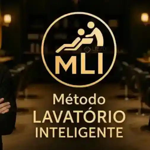 Duas pessoas com uniformes pretos estão em um salão elegante com iluminação dourada. Entre elas, há um logotipo que mostra uma pessoa reclinada, o texto "MLI Lizzon" e, abaixo, "Método Lavatório Inteligente".