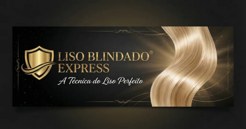 Um banner preto e dourado exibe um logotipo de escudo dourado, o texto Liso Blindado Express, a frase A Técnica do Liso Perfeito e uma mecha grande e brilhante de cabelo loiro no lado direito.