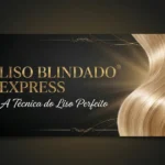 Um banner preto e dourado exibe um logotipo de escudo dourado, o texto Liso Blindado Express, a frase A Técnica do Liso Perfeito e uma mecha grande e brilhante de cabelo loiro no lado direito.