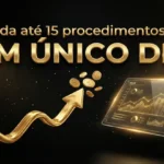 O texto dourado em português diz Venda até 15 procedimentos em um único dia, acima de gráficos dourados de uma seta para cima, moedas e um gráfico digital com dados financeiros, tudo em um plano de fundo escuro com efeitos de holofotes.