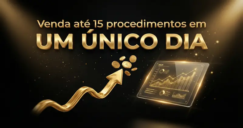O texto dourado em português diz Venda até 15 procedimentos em um único dia, acima de gráficos dourados de uma seta para cima, moedas e um gráfico digital com dados financeiros, tudo em um plano de fundo escuro com efeitos de holofotes.