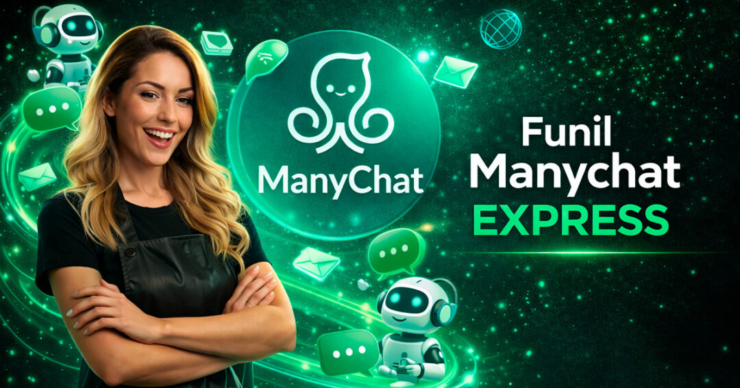 Uma mulher sorridente está de braços cruzados ao lado do logotipo do ManyChat e das palavras Funil Manychat Express em um plano de fundo digital verde com ícones de robôs, bolhas de bate-papo e envelopes.