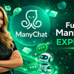 Uma mulher sorridente está de braços cruzados ao lado do logotipo do ManyChat e das palavras Funil Manychat Express em um plano de fundo digital verde com ícones de robôs, bolhas de bate-papo e envelopes.