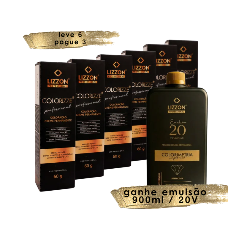 Quatro caixas de creme de coloração permanente para cabelos Lizzon Colorize são mostradas ao lado de um frasco de 900 ml de emulsão de 20 volumes. O texto indica uma promoção: leve 6 pague 3 e ganhe emulsão 900ml / 20V.