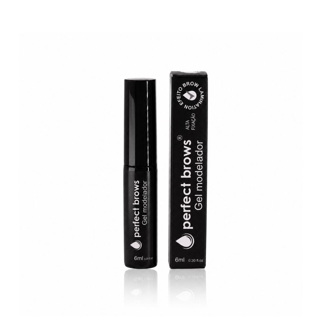 Um tubo preto de sobrancelhas perfeitas: sobrancelhas blindadas fica ao lado de sua caixa preta correspondente, ambas com texto e logotipo brancos, cada uma com 6 ml.