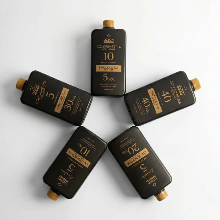 Cinco frascos pretos de revelador de cor de cabelo Lezzon com rótulos dourados estão dispostos em um padrão de estrela em uma superfície branca. Cada frasco exibe diferentes volumes e porcentagens, como 5, 10, 20, 30 e 40 vol.