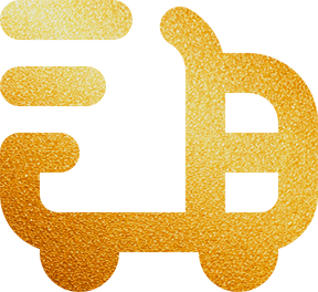 Um ícone dourado estilizado que lembra um carrinho de compras, com uma aparência texturizada e brilhante e três linhas horizontais que sugerem movimento ou velocidade no lado esquerdo.