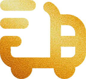 Um ícone dourado estilizado que lembra um carrinho de compras, com uma aparência texturizada e brilhante e três linhas horizontais que sugerem movimento ou velocidade no lado esquerdo.