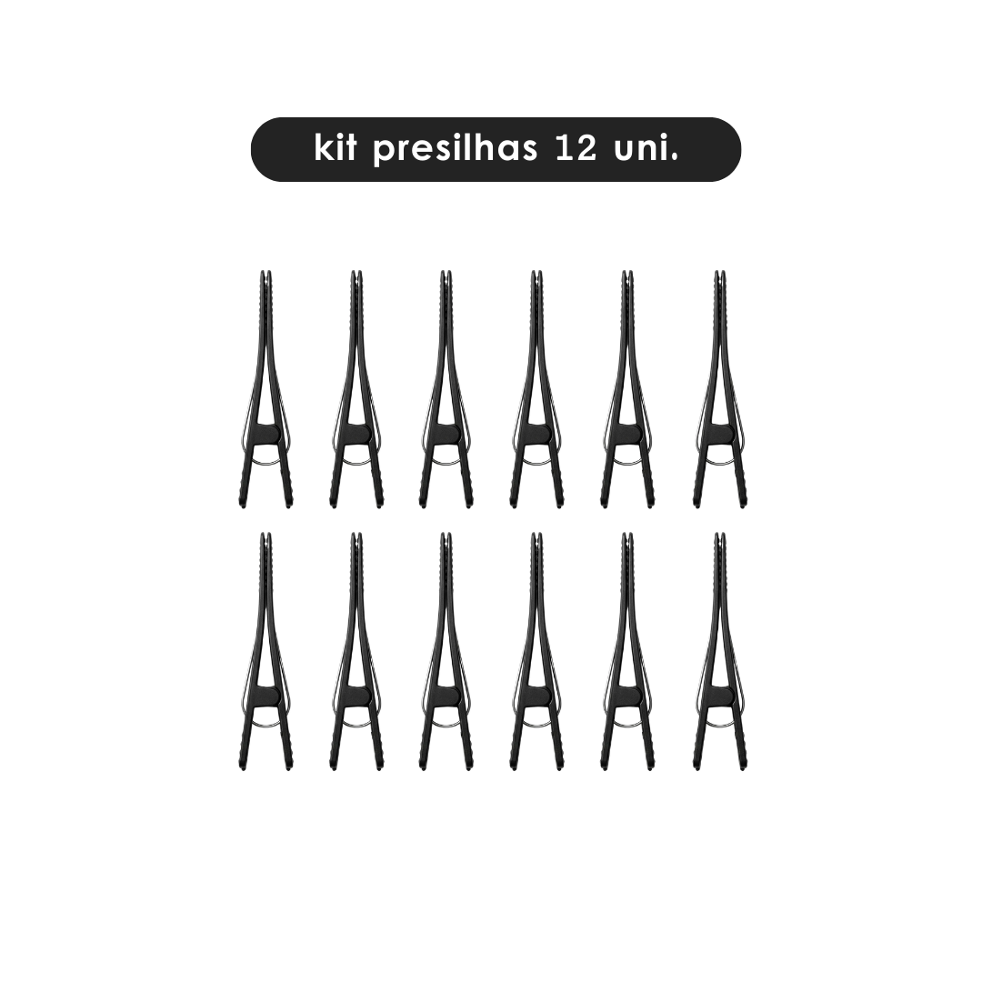 Doze grampos de cabelo idênticos do Presilhas Bicos de Pato estão dispostos em três fileiras de quatro em um fundo branco, com o texto 