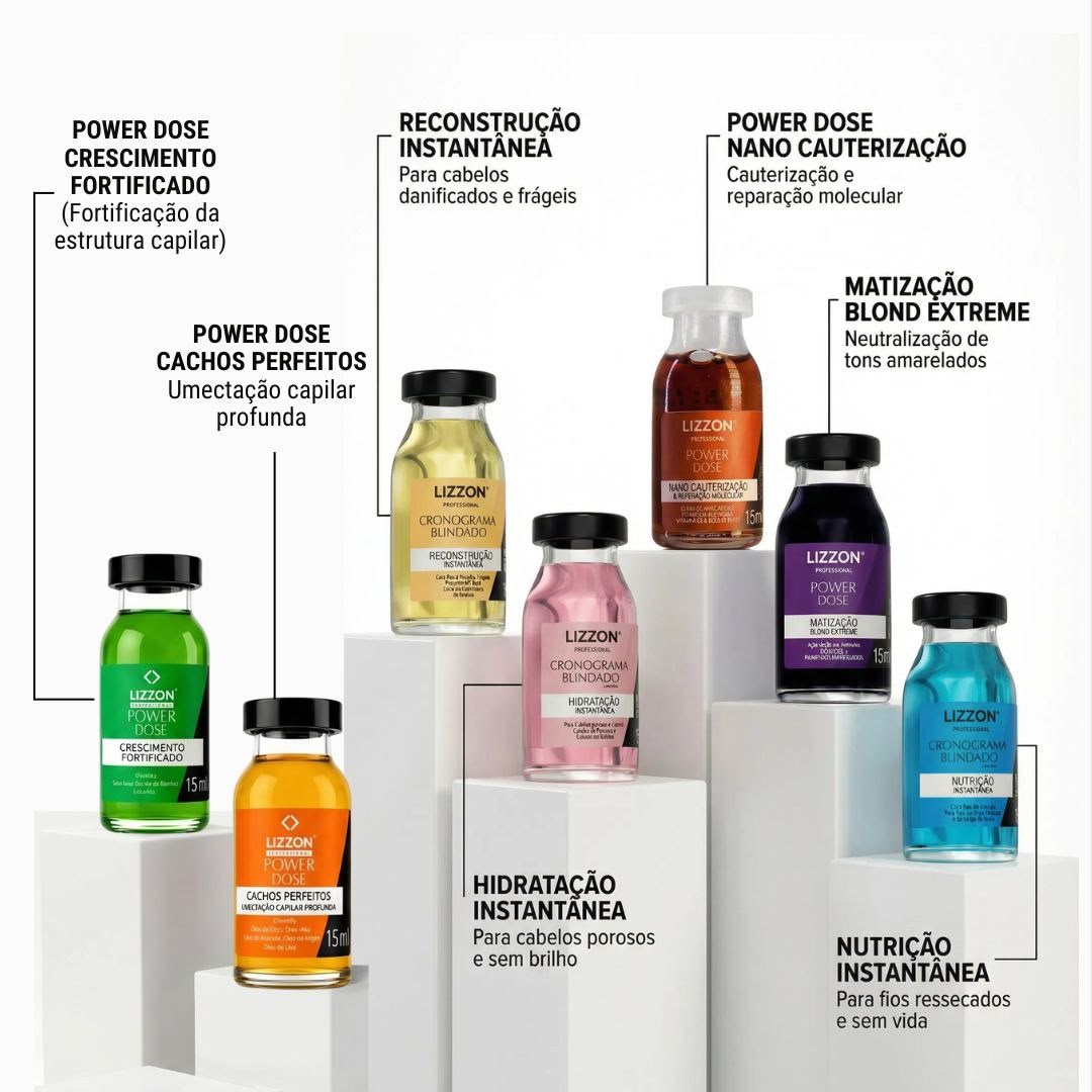 Sete frascos de produtos para cabelos da linha Kit Power Dose, em várias cores, estão expostos em suportes brancos. Esse kit inclui tratamentos que atendem a diferentes necessidades capilares, como hidratação, nutrição, reconstrução, alisamento ou definição dos cachos.