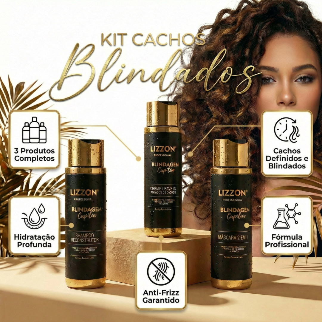 Imagem promocional do Kit Cachos Blindados (Homecare) com três produtos de cuidados com os cabelos, ícones de hidratação profunda, antifrizz, fórmula profissional, cachos definidos e uma mulher com cabelos cacheados à direita.