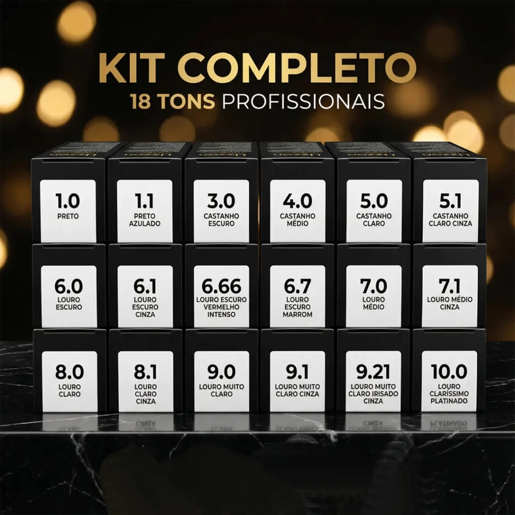 Uma exposição de quinze caixas de tintura de cabelo dispostas em fileiras, cada uma rotulada com um número de tonalidade diferente e um nome de cor em português, sob o título Kit Completo 18 Tons Profissionais.