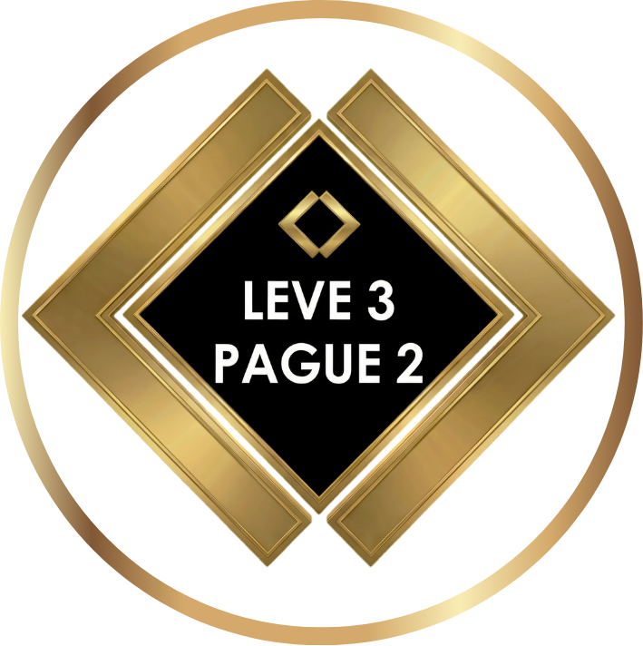 Um emblema geométrico dourado e preto com o texto LEVE 3 PAGUE 2 centralizado em letras brancas, cercado por uma borda circular dourada inspirada em um lizzon.