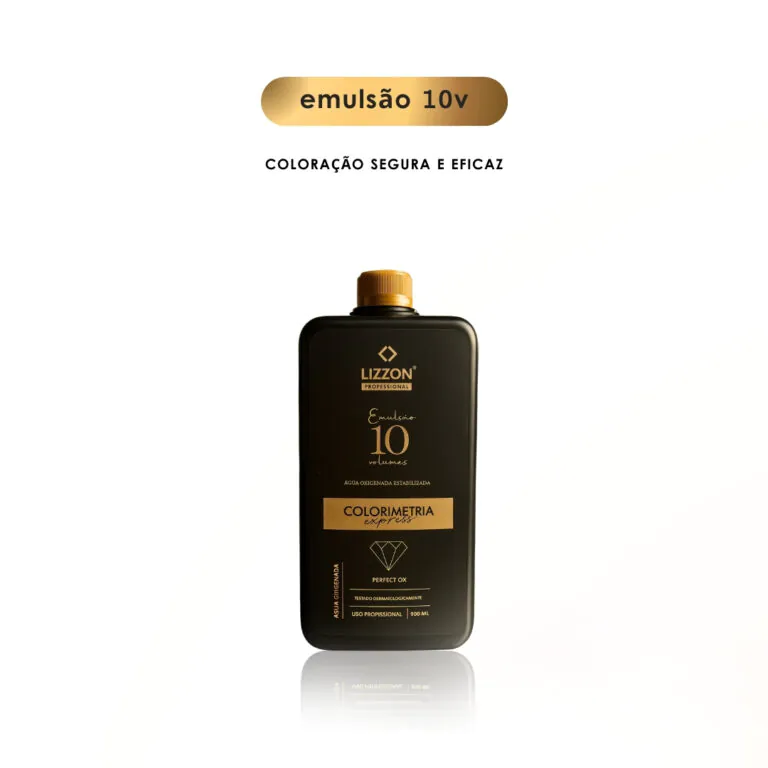 Um frasco preto com o rótulo Lizzon Emulsão 10v está na vertical em um fundo branco. Acima dela, o texto diz emulsão 10v e COLORAÇÃO SEGURA E EFICAZ em letras douradas e pretas.