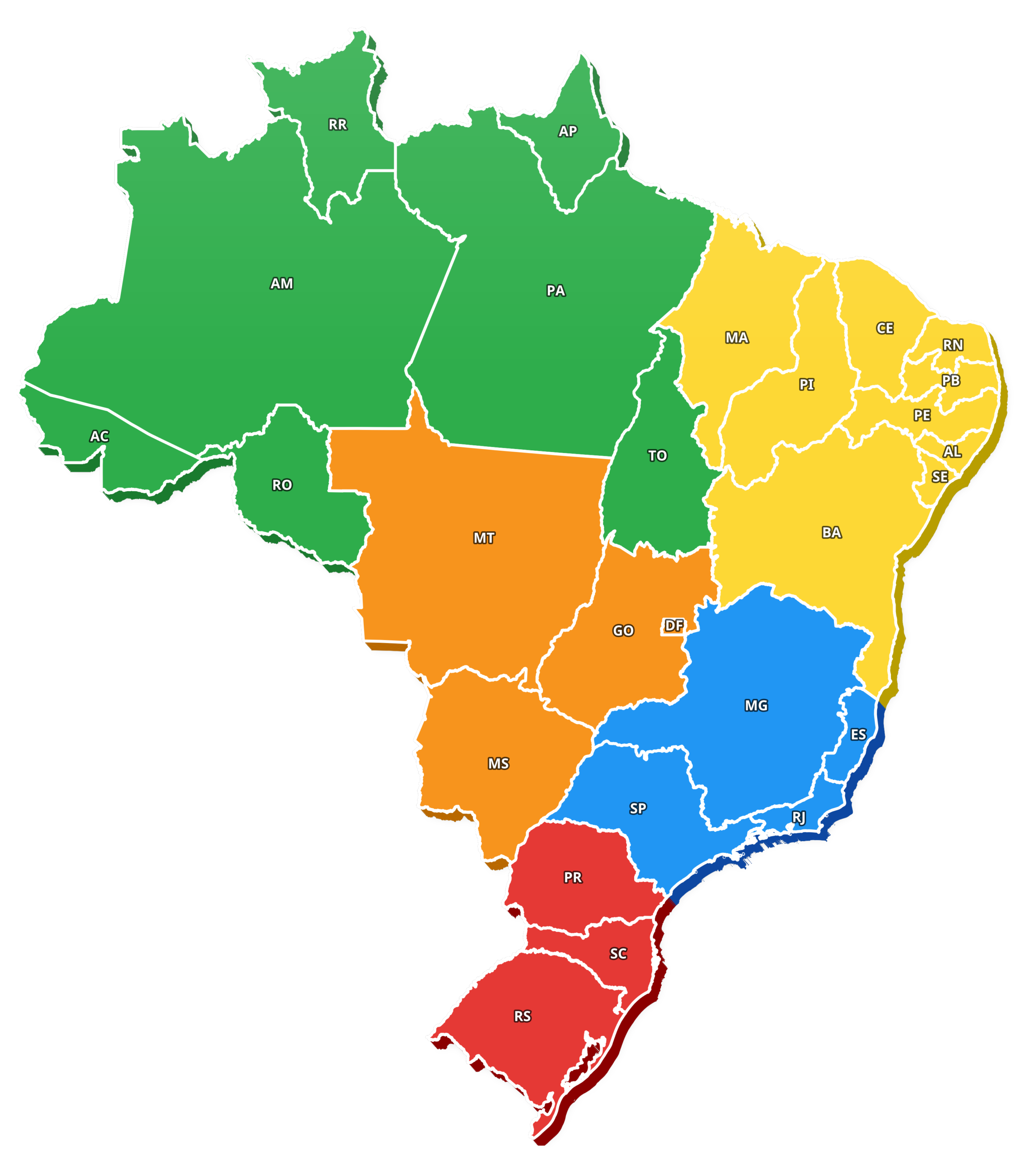 Um mapa do Brasil com código de cores mostra cinco regiões: Norte em verde, Nordeste em amarelo, Centro-Oeste em laranja, Sudeste em azul e Sul em vermelho; as fronteiras estaduais e as abreviações estão visíveis.