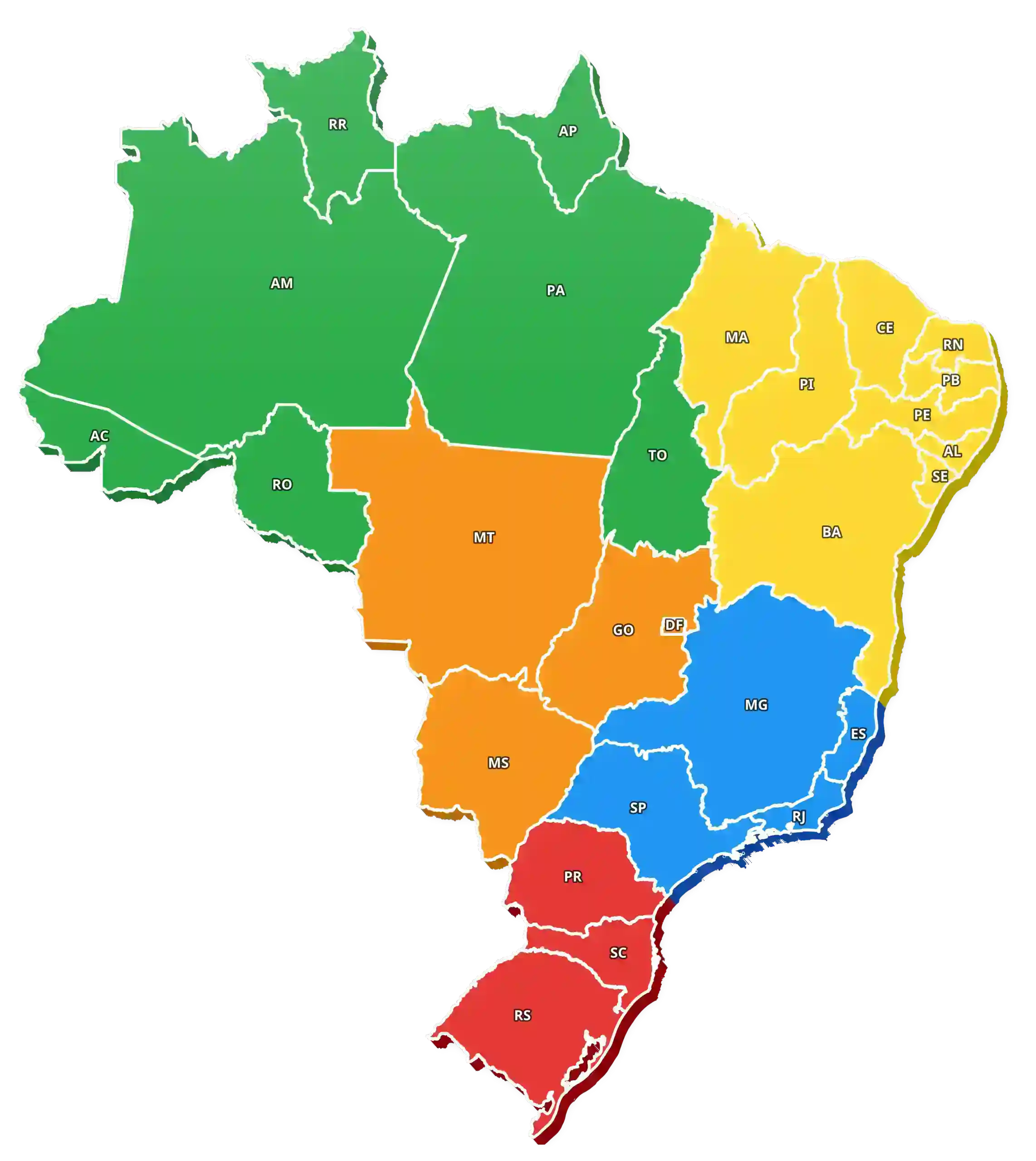 Um mapa do Brasil com código de cores mostra cinco regiões: Norte em verde, Nordeste em amarelo, Centro-Oeste em laranja, Sudeste em azul e Sul em vermelho; as fronteiras estaduais e as abreviações estão visíveis.