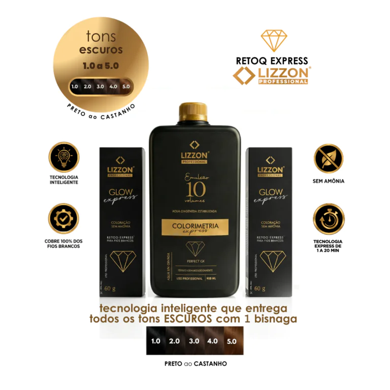 Frasco preto do produto para cabelos Lizzon Colorimetria com três caixas pretas ao redor. O texto o descreve como adequado para tons de cabelo escuros (1,0 a 5,0), sem amônia, cobre cabelos grisalhos e usa tecnologia de cor inteligente.